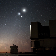 The Moon in conjunction with Venus and Jupiter, with the Very Large Telescope in the foreground. Image Â© Y. Beletsky, ESO, 2009.