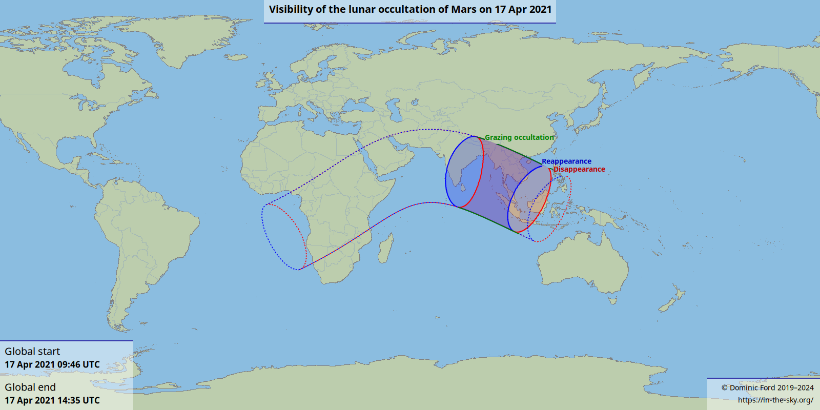 Map showing where the occultation is visible