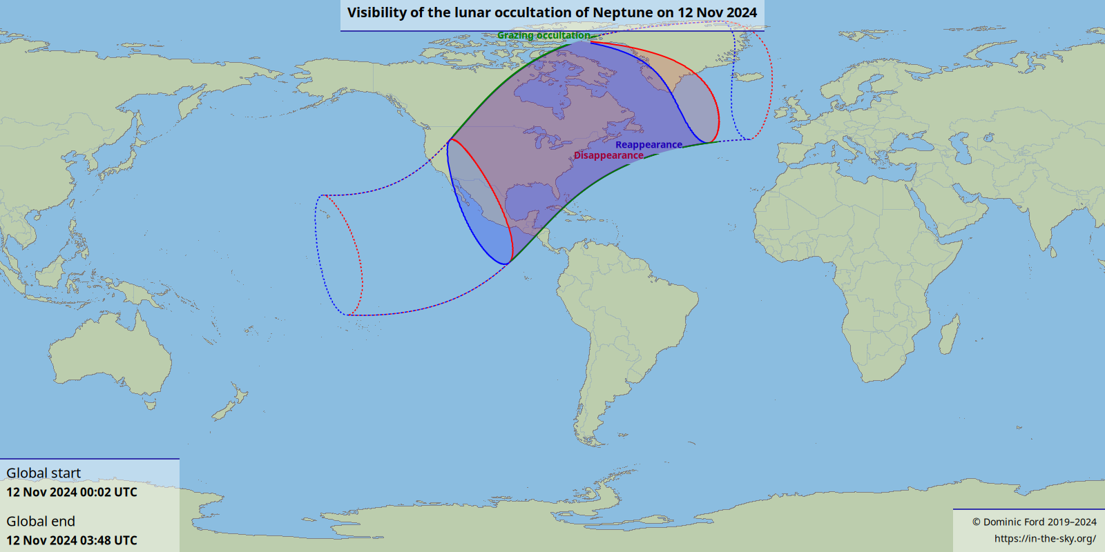 Map showing where the occultation is visible